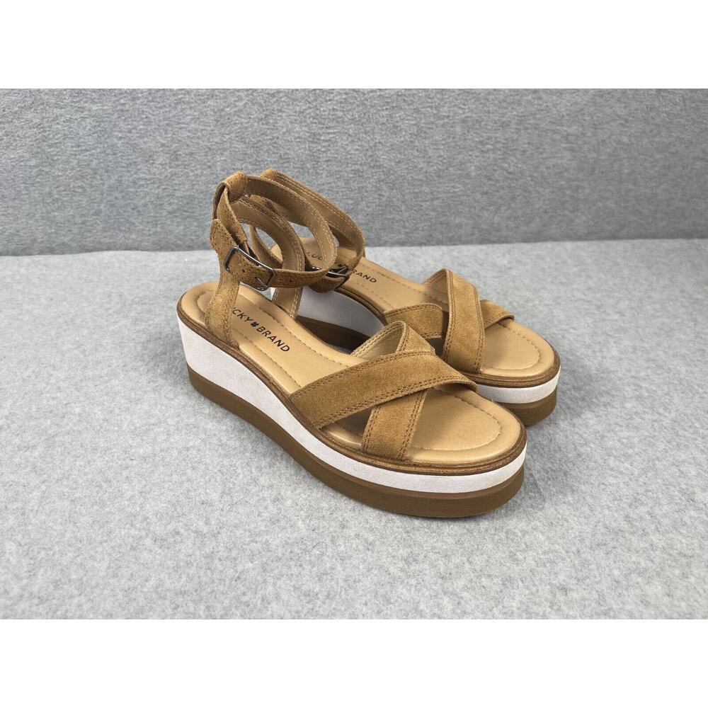 Lucky Brand Tarhi Wedge Platform Sandals Brown Suede Leather Women's Size 7